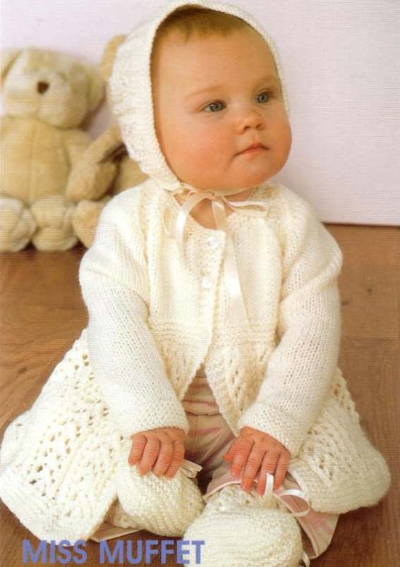 Baby knitting pattern for a lace matinee jacket and bonnet