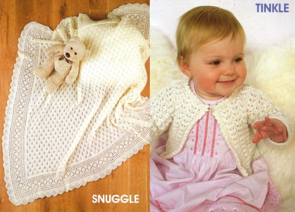 Knitting pattern for a lace baby blanket and cardigan